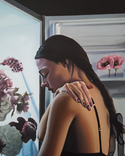 Hunger, 2025 - original painting with floral feminine portrait with white butterfly on black background by Faye Greenman.