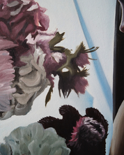 Hunger, 2025 - original painting with pink flowers and a butterfly on a black background by Faye Greenman.