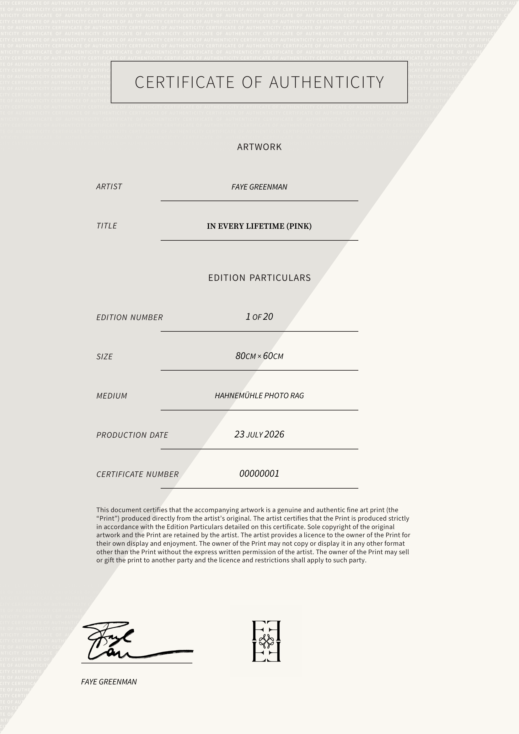 In Every Lifetime (Pink) — Certificate of Authenticity