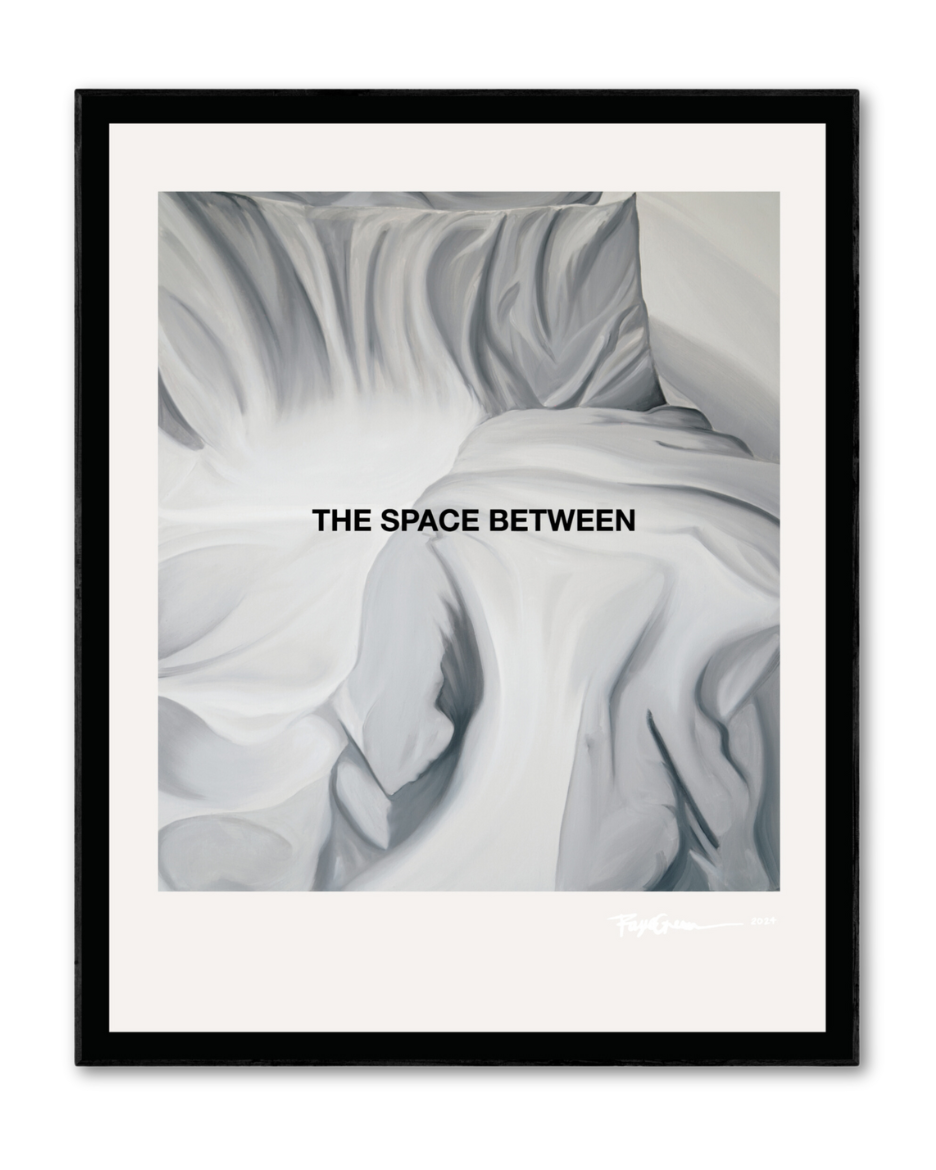 A framed abstract painting with 'The Space Between' text, predominantly in gray tones, displayed in a black tray frame.