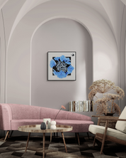 Out of The Blue, 2025 - original art by Faye Greenman in a modern living room setting with stylish furniture.