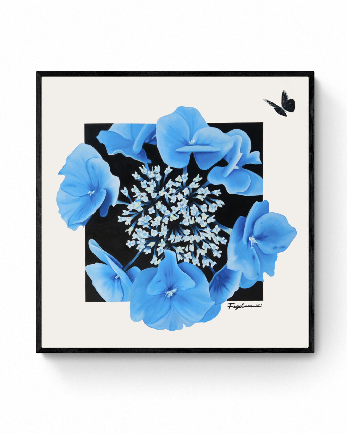 Out of The Blue, 2025: original one-of-a-kind painting by Faye Greenman featuring vibrant blue flowers.