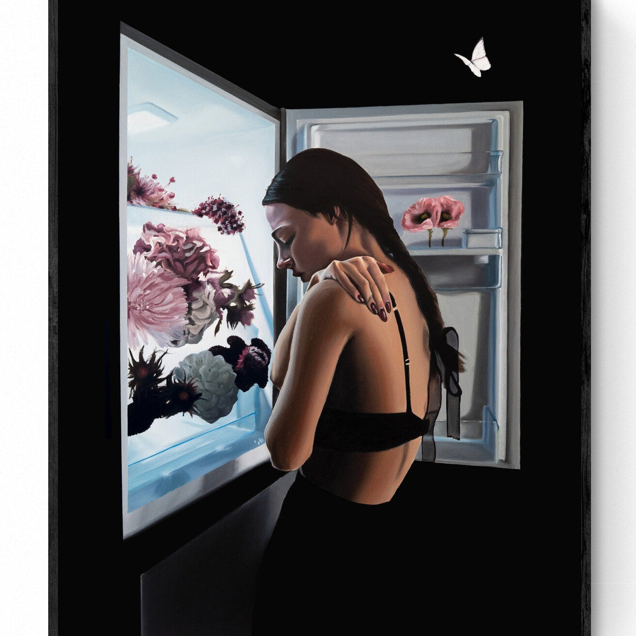Hunger, 2025: original one-of-a-kind painting by Faye Greenman featuring female portrait and flowers.