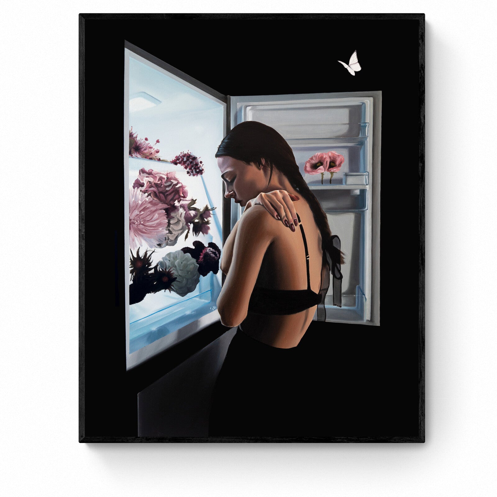 Hunger, 2025: original one-of-a-kind painting by Faye Greenman featuring female portrait and flowers.