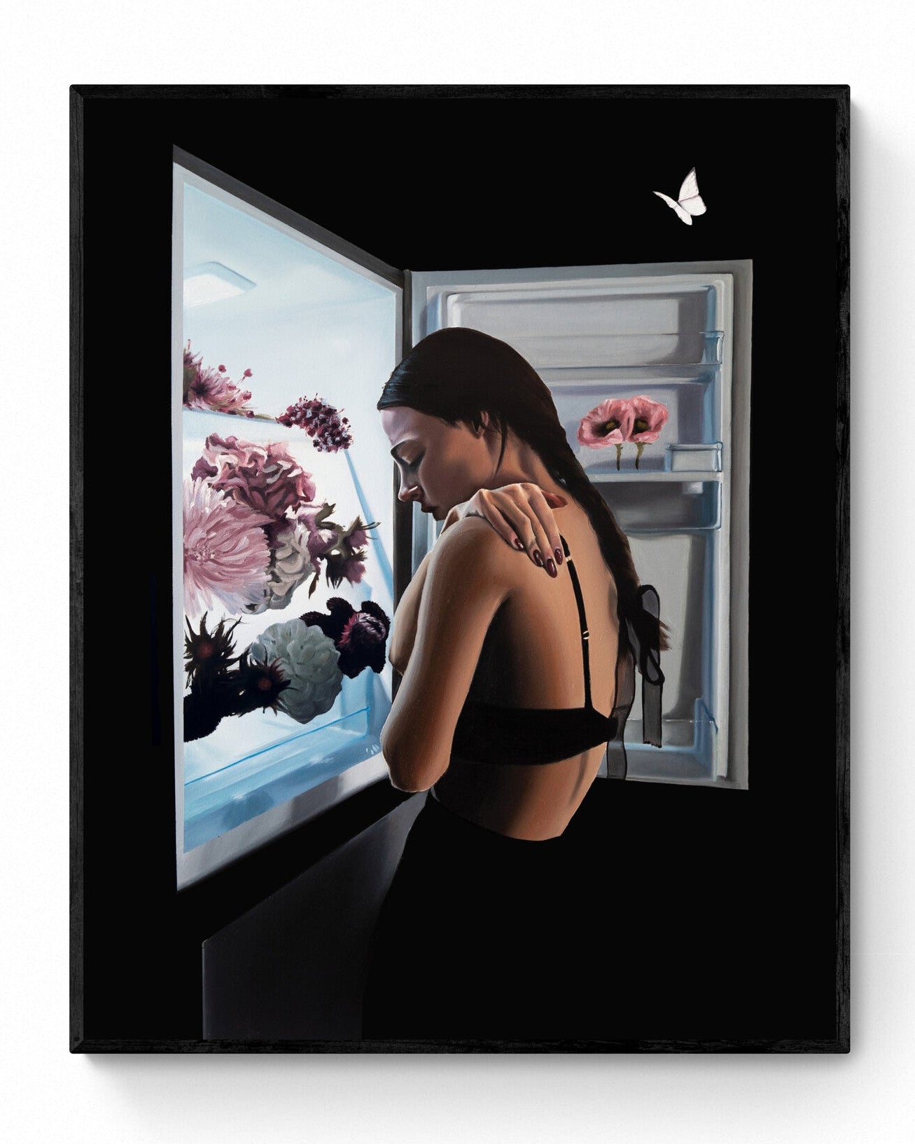 Hunger, 2025: original one-of-a-kind painting by Faye Greenman featuring female portrait and flowers.